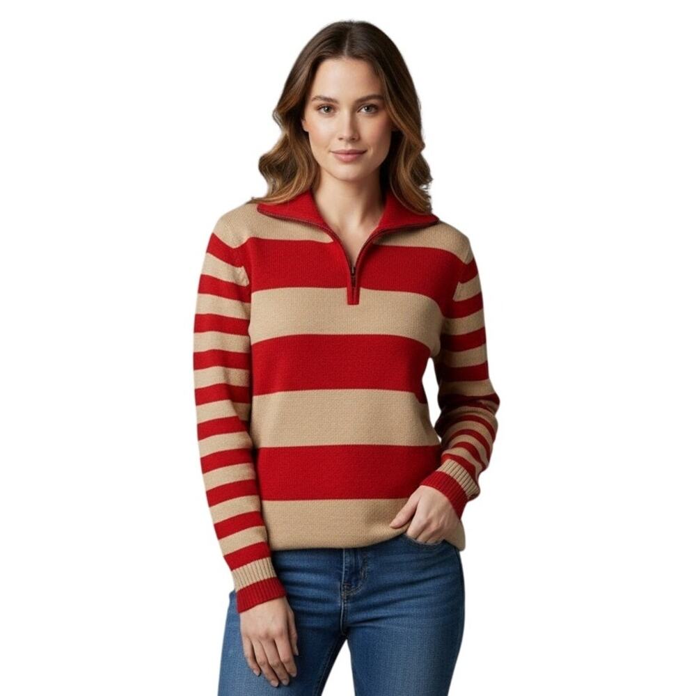 Nine & Company Sweater Women's Size XL Striped Knit Long Sleeve Cotton 1/4 Zip
